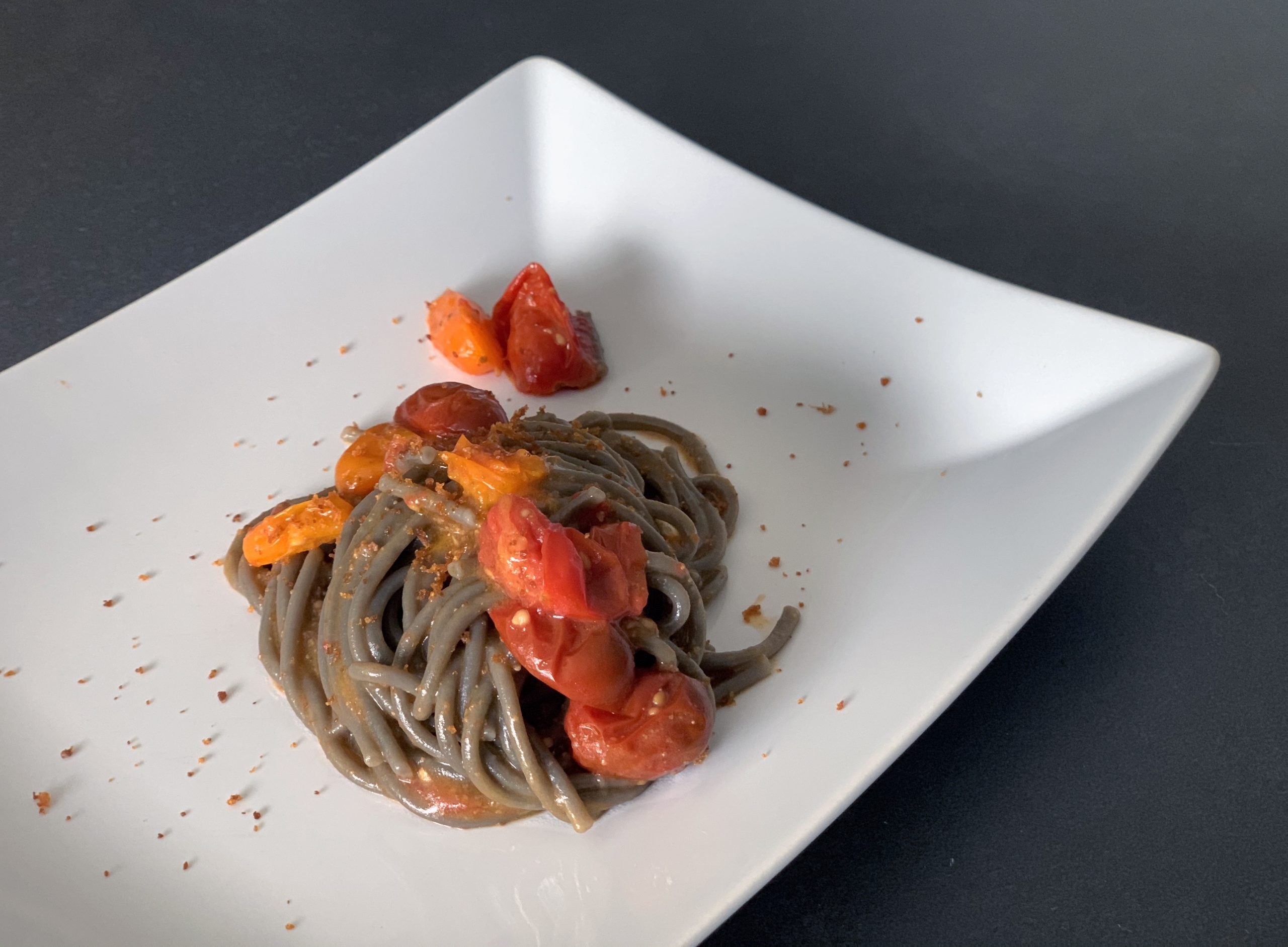 Spaghetti al Nero di Seppia con Pomodorini Tricolore e Bottarga - The Sunny  Table
